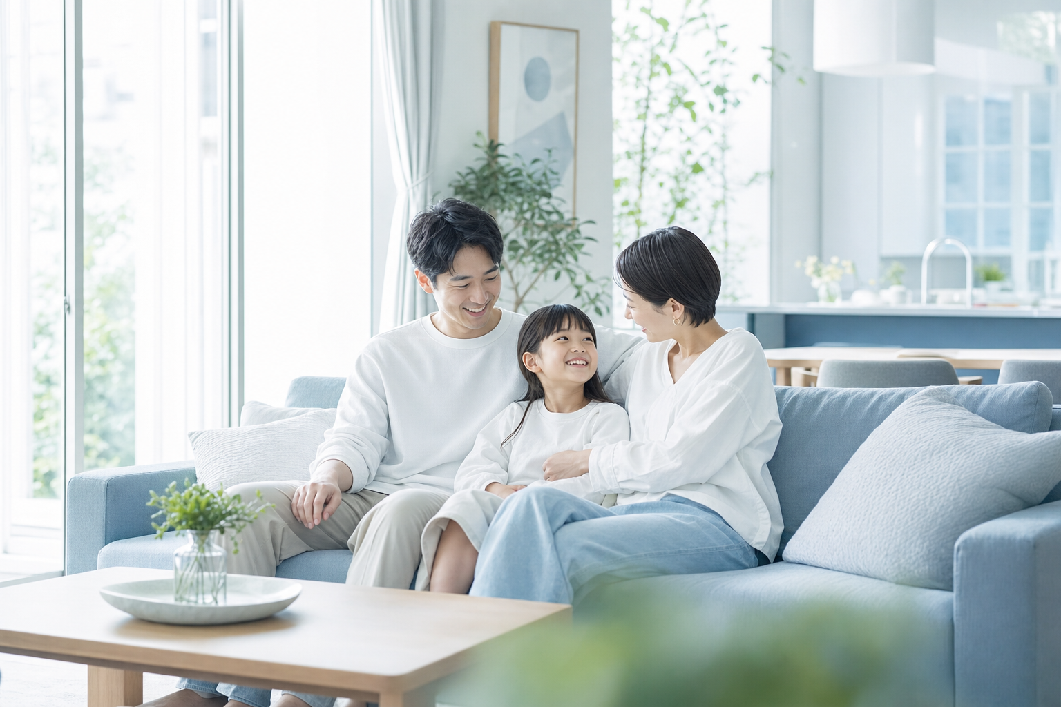 自宅でくつろぐ家族。保険が支える安心の暮らし