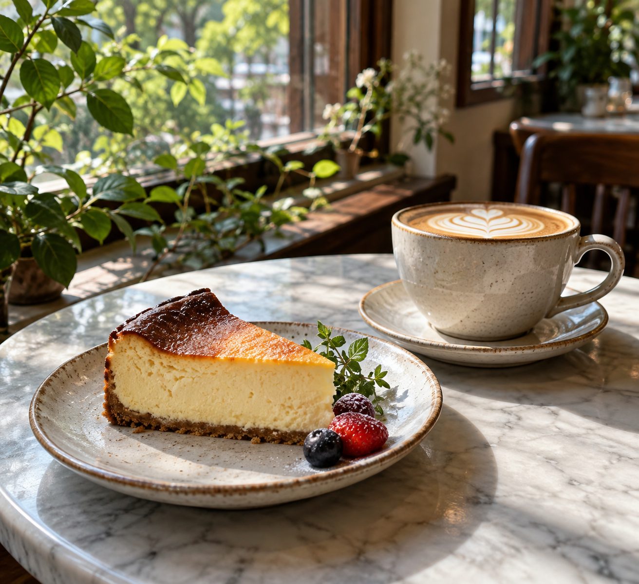 窓辺のテーブルに置かれたチーズケーキとカフェラテ