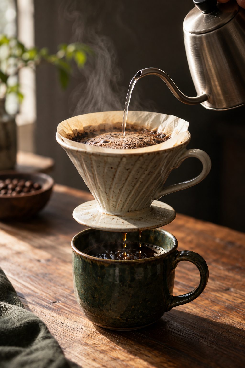 陶器のドリッパーで淹れているハンドドリップコーヒー