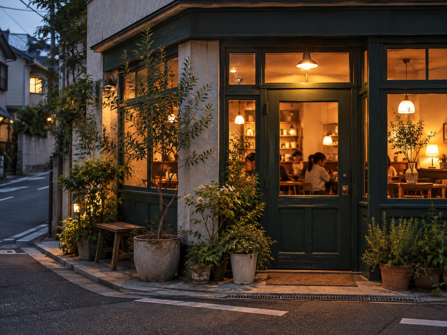 夕方の店の外観。緑の木枠の窓から灯りがこぼれている