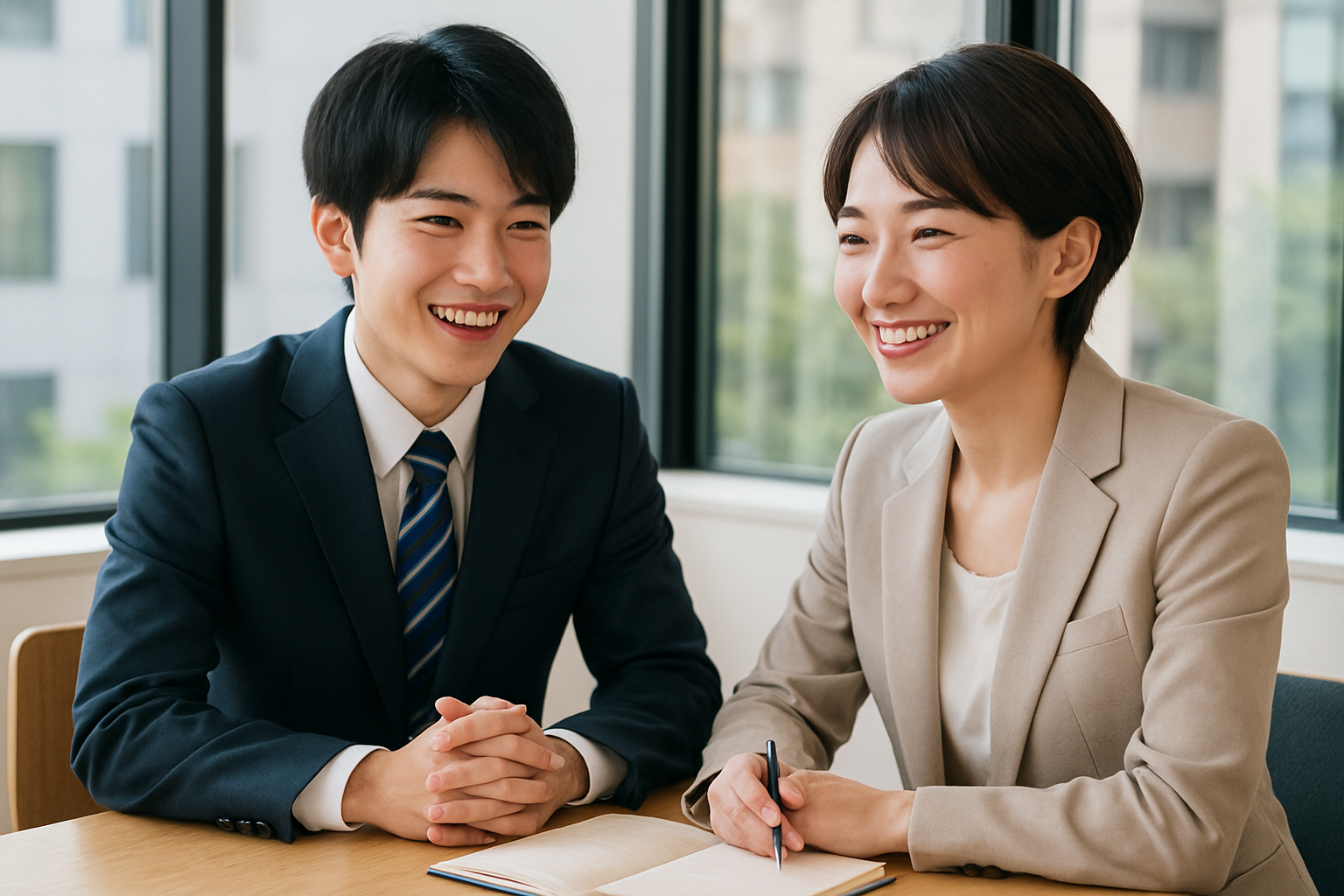 明るいオフィスで談笑しながら相談する若い求職者とキャリアアドバイザー