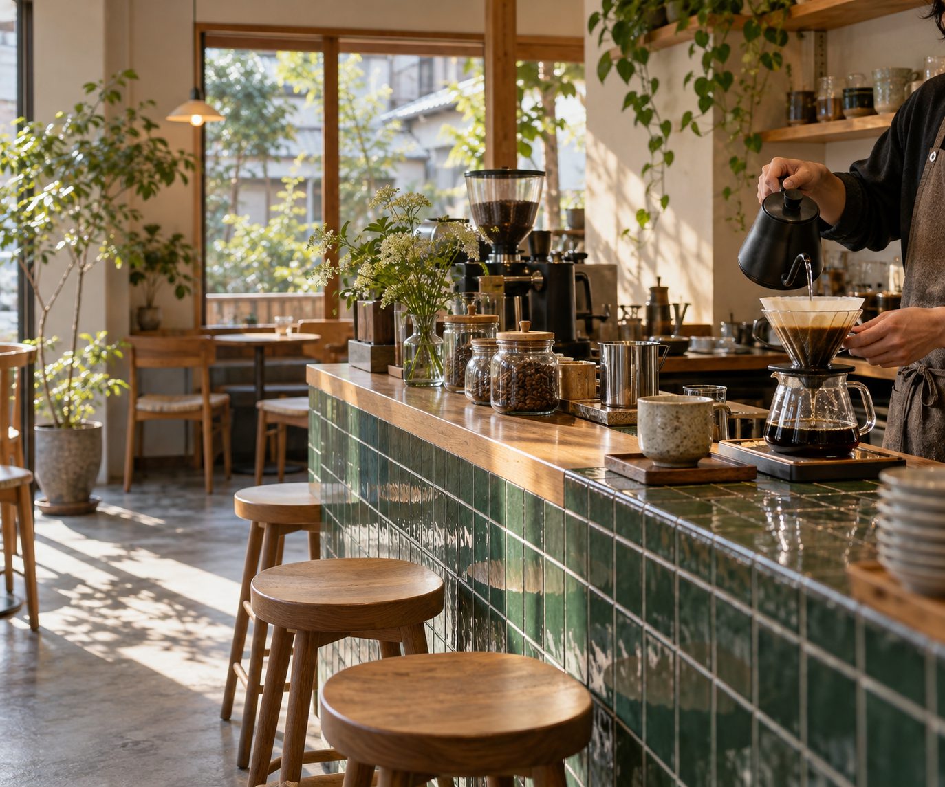 緑のタイルのカウンターで、ハンドドリップでコーヒーを淹れている店内